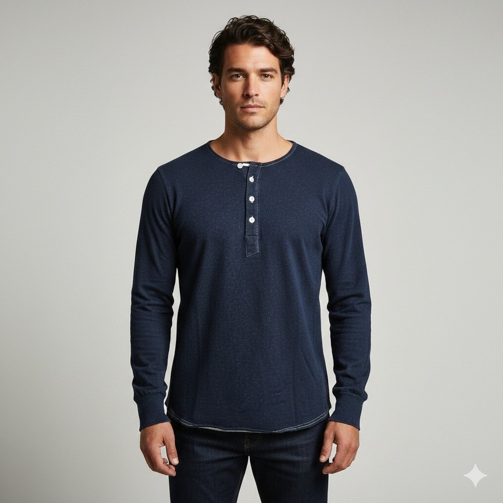 18 Waits Mens Long Sleeve Henley Shirt Indigo Blue Cotton Made in Canada L‎